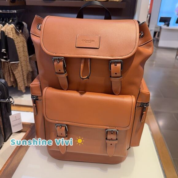 NWT Coach MEN's Large Sprint Backpack Gunmetal/Tan Smooth grain Leather CDB61 - Picture 2 of 7